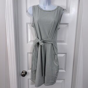 Sleeveless Striped Tie-Waist Midi Dress in Sage and White